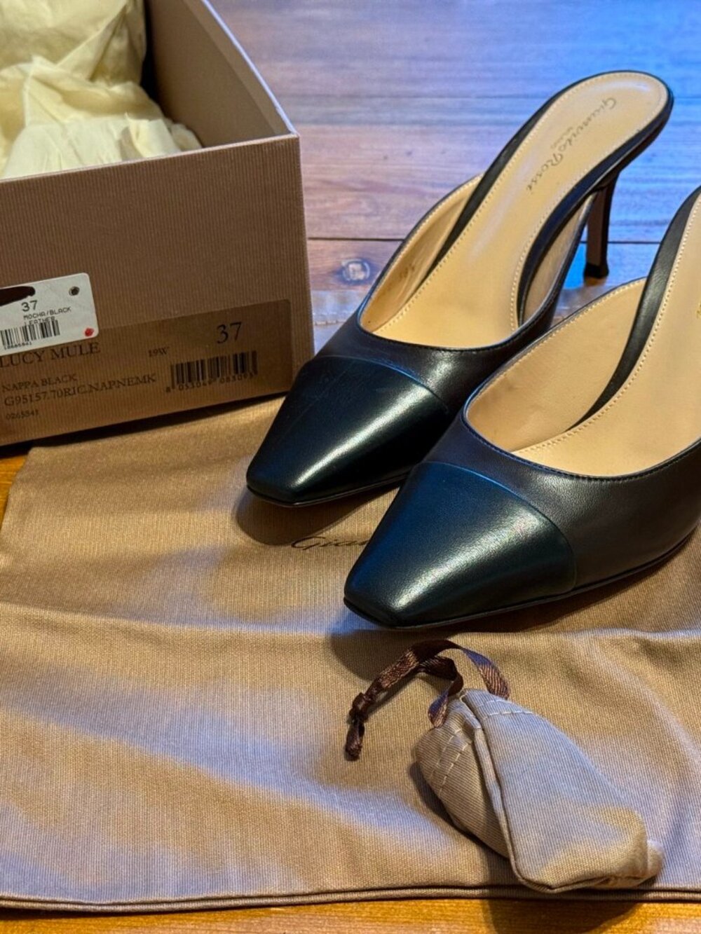 NIB Gianvito Rossi Brown/Black Nappa Leather Lucy Heeled Mules